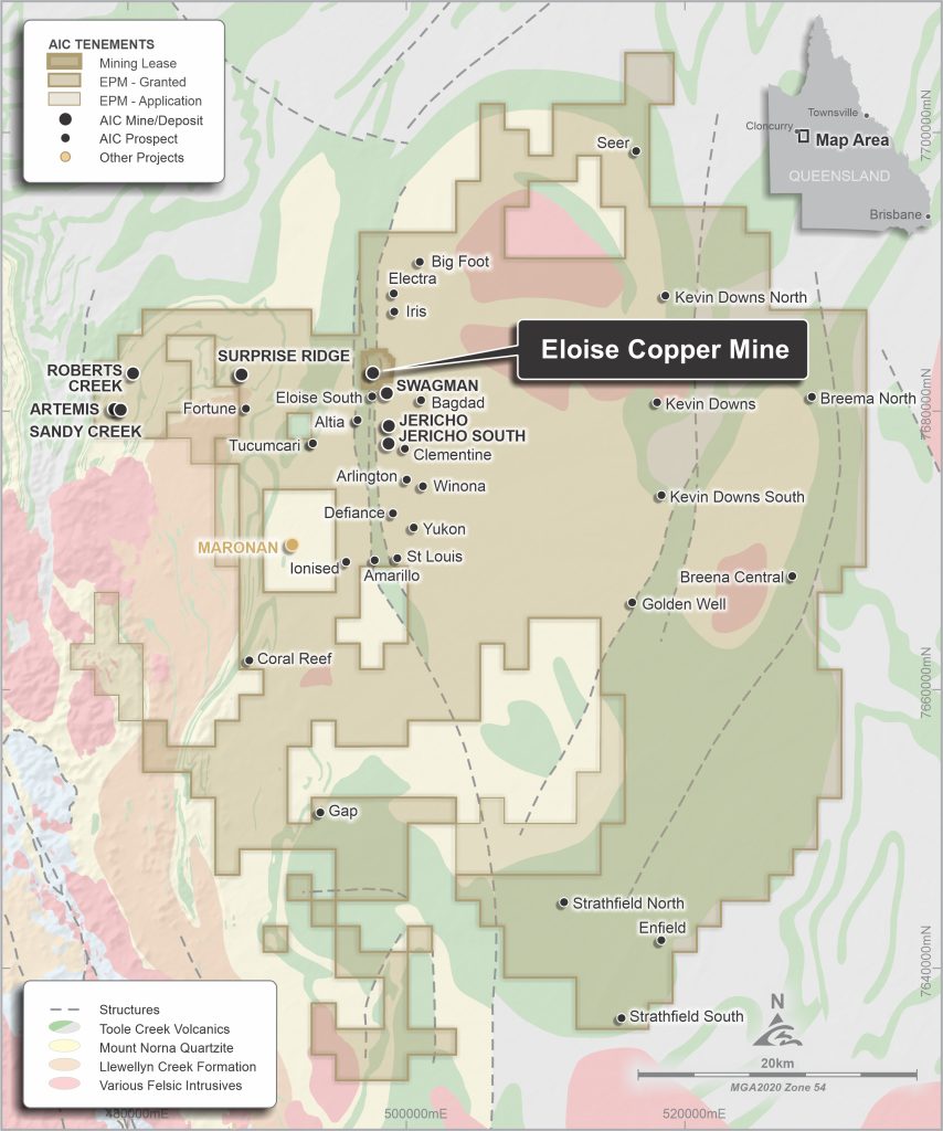 Eloise Copper Mine and surrounding exploration tenement package location map